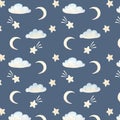 Watercolor minimalistic pattern with stars, clouds and moons on blue background