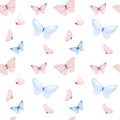 Watercolor minimalistic pattern of tender blue and pink butterflies isolated