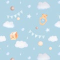 Watercolor seamless pattern with clouds, teething toy bear, cube, balls, flags, drops and stars in blue colors on blue Royalty Free Stock Photo