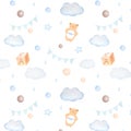 Watercolor seamless pattern with clouds, teething toy bear, cube, balls, flags, drops and stars in blue colors on white Royalty Free Stock Photo