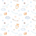 Watercolor seamless pattern with clouds, teething toy bear, cube, balls, flags, drops and stars in blue colors on white Royalty Free Stock Photo