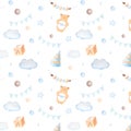 Watercolor seamless pattern with clouds, teething toy bear, cube, balls, flags, drops and stars in blue colors on white Royalty Free Stock Photo