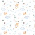 Watercolor seamless pattern with clouds, teething toy bear, cube, balls, flags, drops and stars in blue colors on white Royalty Free Stock Photo