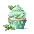 Watercolor mint cupcake.