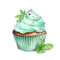 Watercolor mint cupcake.