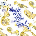 Watercolor misic lettering calligraphic inscription - music in your soul