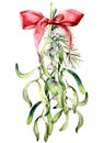 Watercolor mistletoe bouquet with Christmas decor. Hand painted mistletoe leaves with fir branch and red ribbon isolated