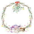 Watercolor mistletoe, lightbulbs and gift boxes winter Christmas wreath