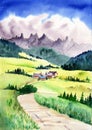 Watercolor misty mountains, green wooded hills and a small alpine mountain village Royalty Free Stock Photo