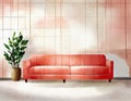 Watercolor of Mock up of a living room with a coral round and plaid on a beige wall