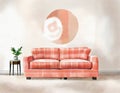 Watercolor of Mock up of a living room with a coral round and plaid on a beige wall