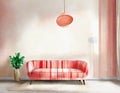 Watercolor of Mock up of a living room with a coral round and plaid on a beige wall