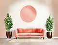 Watercolor of Mock up of a living room with a coral round and plaid on a beige wall