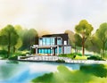 Watercolor of Modern architecture house by the lake created with technology Royalty Free Stock Photo