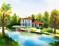 Watercolor of Modern architecture house by the lake created with technology Royalty Free Stock Photo