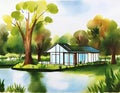 Watercolor of Modern architecture house by the lake created with technology Royalty Free Stock Photo