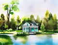 Watercolor of Modern architecture house by the lake created with technology Royalty Free Stock Photo