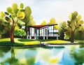 Watercolor of Modern architecture house by the lake created with technology Royalty Free Stock Photo