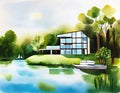 Watercolor of Modern architecture house by the lake created with technology Royalty Free Stock Photo