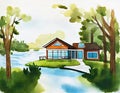 Watercolor of Modern architecture house by the lake created with technology Royalty Free Stock Photo