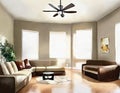 Watercolor of modern ceiling fan with lights in a newly painted living room