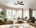 Watercolor of modern ceiling fan with lights in a newly painted living room