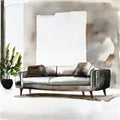 Watercolor of Modern chic living room with gray