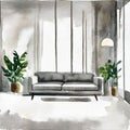 Watercolor of Modern chic living room with gray