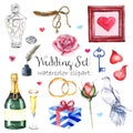 Watercolor modern elegant wedding style set. Various objects: bride bouquet with roses, peony, pink shoes, naked cake Royalty Free Stock Photo