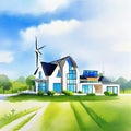 Watercolor of of a modern futuristic house and electricwith a field of wind turbines in background