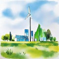 Watercolor of of a modern futuristic house and electricwith a field of wind turbines in background