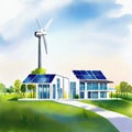 Watercolor of of a modern futuristic house and electricwith a field of wind turbines in background