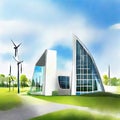 Watercolor of of a modern futuristic house and electricwith a field of wind turbines in background