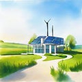 Watercolor of of a modern futuristic house and electricwith a field of wind turbines in background