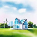 Watercolor of of a modern futuristic house and electricwith a field of wind turbines in background