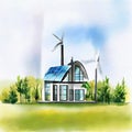 Watercolor of of a modern futuristic house and electricwith a field of wind turbines in background