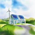 Watercolor of of a modern futuristic house and electricwith a field of wind turbines in background