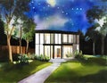 Watercolor of modern garden at night