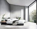 Watercolor of Modern gray bedroom design with simulated