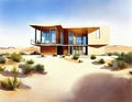 Watercolor of A modern house in the desert