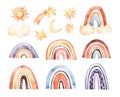 Watercolor modern illustration. Colorful rainbow and golden stars, moon and sun. Abstract image of color and polka dot arcs.