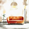 Watercolor of Modern interior design couch on a wall