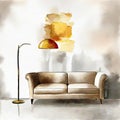 Watercolor of Modern interior design couch on a wall