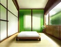 Watercolor of Modern Japanese bedroom with minimalist green and wooden