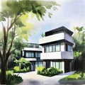 Watercolor of Modern Japanese House