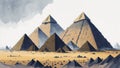 Watercolor contemporary landscape of the Pyramids of Giza, Egypt.