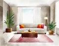 Watercolor of Modern living room with an elegant carpet and comfy