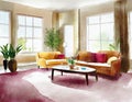 Watercolor of Modern living room with an elegant carpet and comfy