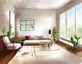 Watercolor of Modern living room with an elegant carpet and comfy