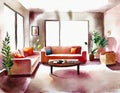 Watercolor of Modern living room with an elegant carpet and comfy